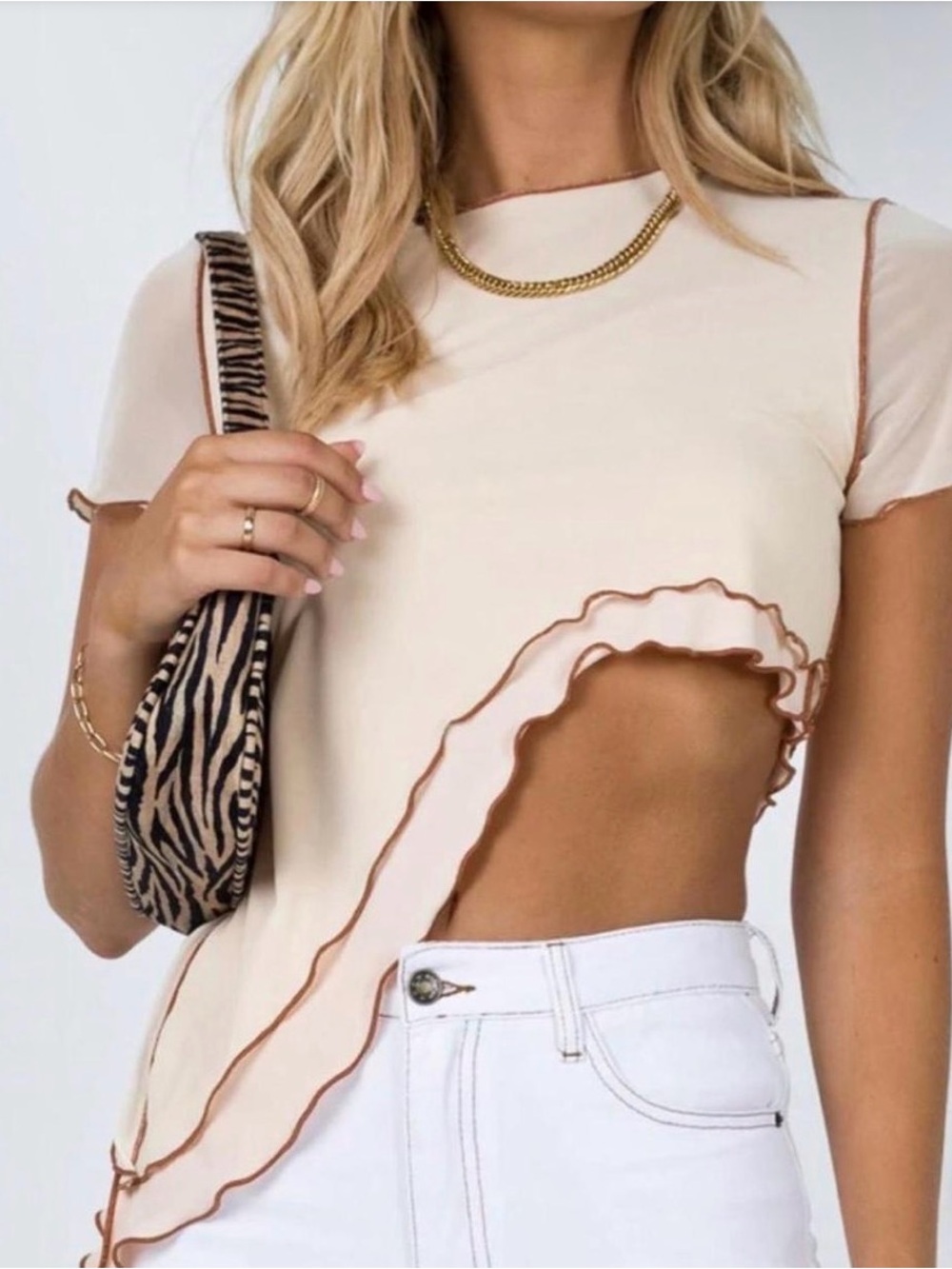 Princess Polly Asymmetrical Mesh Top XS Beige Brown Lettuce Hem